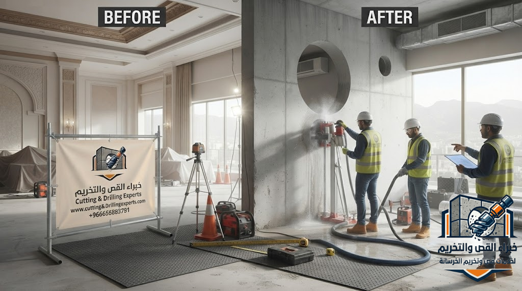 فتح كور مكيفات حي شهار الطائف باستخدام أجهزة الكور الماسي لتنفيذ فتحات السبليت والمركزي والدكت وVRF بدقة عالية وبدون تكسير